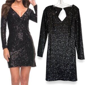 Vintage Betsy & Adam Black Sequin Cocktail Dress Long Sleeve Classic Party Mini